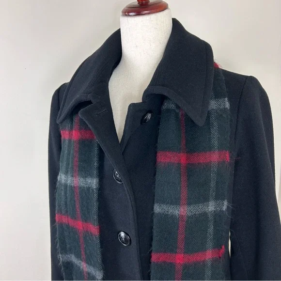 London Fog Womens Medium Black Wool Pea Coat Plaid Scarf Business Professional - Picture 1 of 9